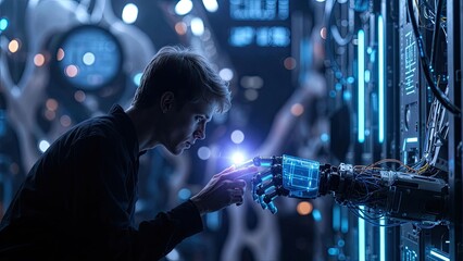 Obraz premium Human interaction with advanced robotics in futuristic lab high-tech environment close-up shot