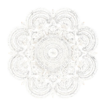 Padr&atilde;o circular branco intrincado e delicado, evocando uma mandala ou roseta de teto cl&aacute;ssica, com design elegante e sim&eacute;trico em fundo claro.
