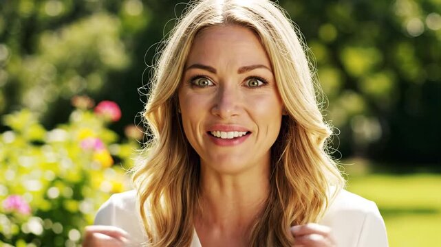 Woman with surprised expression holding blank sign outdoors in garden