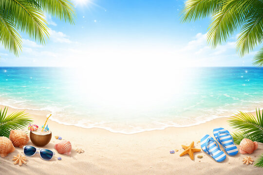 Tropical beach background with palm leaves, sandals and copy space, summer vacation concept,夏のビーチと青い海、ヤシの葉とサンダルのあるリゾート背景（コピースペースあり）