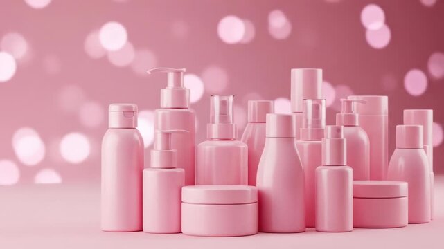 A pink assortment of various cosmetic containers on a pink background with white bokeh lights