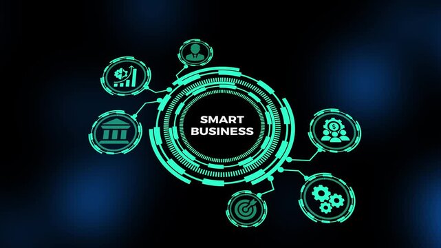 Smart business concept with intelligent dashboard interface, data driven analytics system, and corporate decision making visualization.