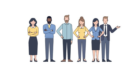 Obraz premium A vector illustration featuring a diverse group of six business professionals standing side-by-side in a row on a plain white background.