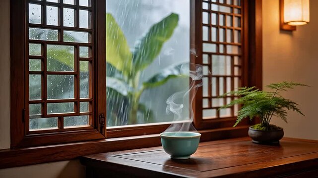 Tea steaming by window with rain