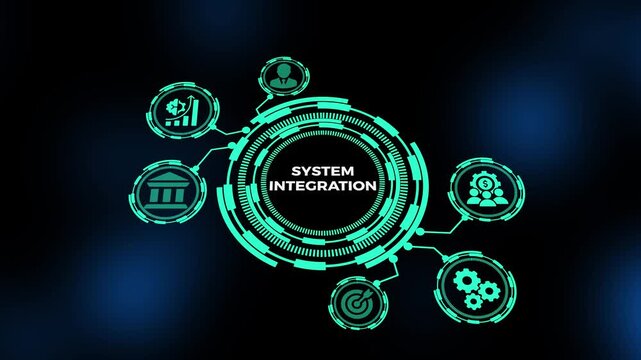System integration concept featuring connected digital dashboard, data flow analytics, and enterprise technology architecture visualization.