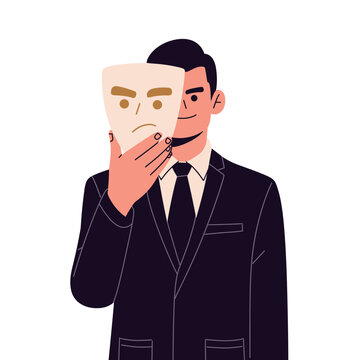 Flat vector of people holding theatrical masks to represent emotions, identity, and dual personality. ideal for psychology, mental health awareness, social behavior, acting, and human emotion