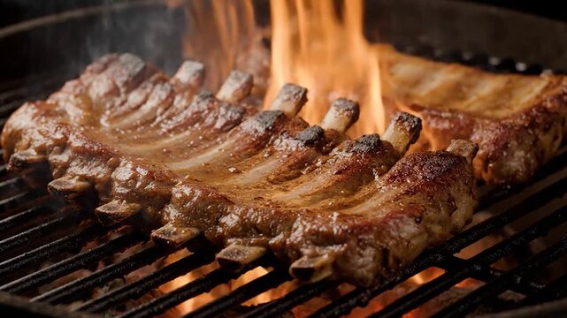 Juicy pork ribs are sizzling and cooking over an open flame on a metal grill grate, creating a delicious barbecue meal