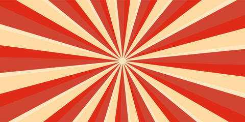 Obraz premium Retro red background with vintage circus sunburst. Psychedelic colorful swirl poster, abstract pattern in 70s carnival style. Hypnotic sunburst vector illustration.