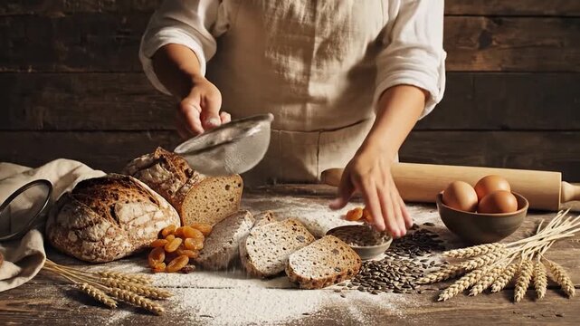 A baker carefully sifts flour over a rustic wooden table filled with freshly baked bread, dried fruit, grains and eggs