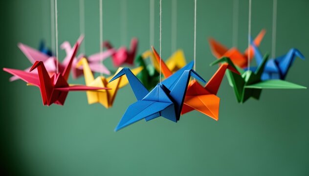 Origami Cranes in Flight: Delicate origami cranes of various vibrant hues are suspended gracefully against a soft green backdrop, evoking a sense of tranquility and artistic beauty.