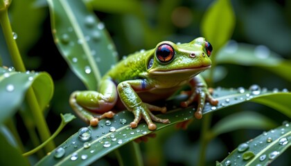 Naklejka premium Lush Green Tree Frog Dewy Grass Forest Setting