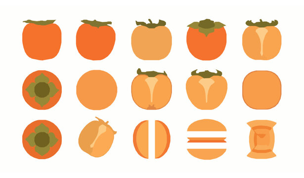 Flat persimmon fruit collection with sliced half and whole date plum arranged in minimal grid style for autumn harvest themes