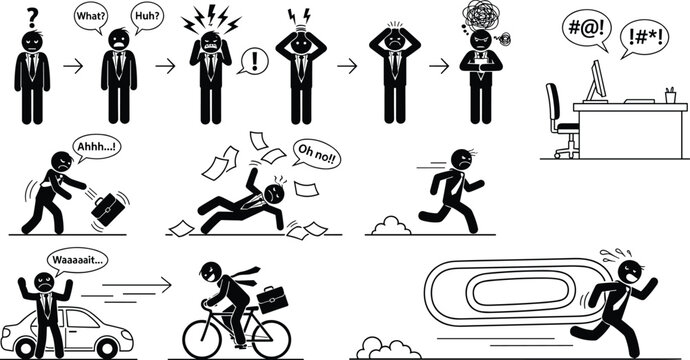 Stress chaos business office stick figure silhouette illustration design, corporate artwork concept, workplace frustration theme, hectic day symbol graphic image