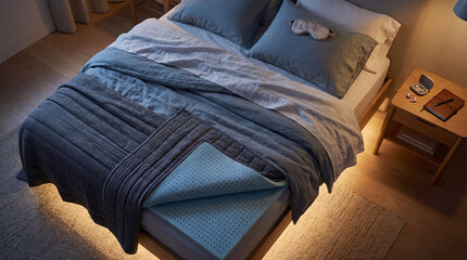 Bedroom with a cozy ambiance featuring a linen bedspread, mattress enhancer, and soft lighting. A wooden nightstand holds personal items, enhancing the room's elegance. Image made using Generative AI.