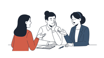 Fototapeta premium Diverse team collaborating at a table, discussing ideas, business meeting, teamwork illustration