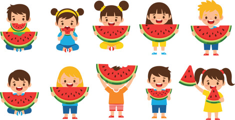 Fototapeta premium Cute kids eating watermelon set happy children holding fruit slices summer food cartoon vector illustration collection