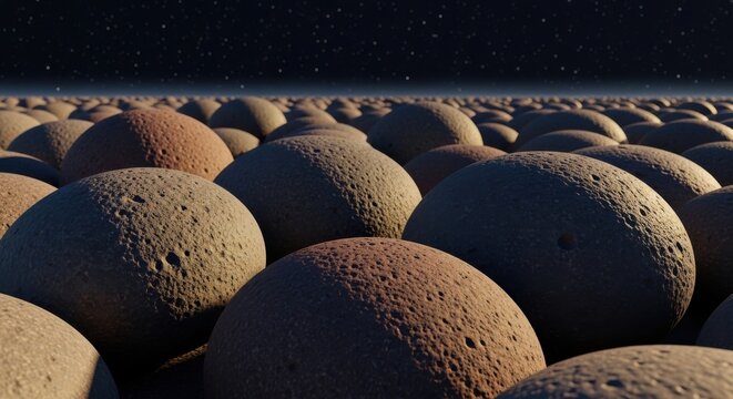 Smooth rounded basaltic rock pebbles filling the foreground under a starry sky