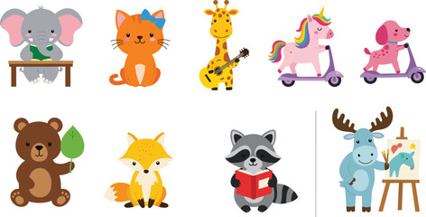 Obraz premium Cute Animal Cartoon Character Set with Elephant, Cat, Giraffe, Unicorn, Dog, Bear, Fox, Raccoon and Moose Illustrations Isolated on White Background