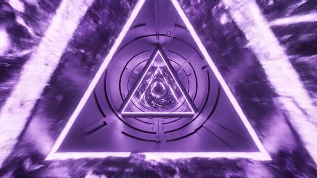 Futuristic purple-lit triangular portal in a sleek, modern tunnel or corridor with a reflective metallic surface and neon lighting, possibly for sci-fi or tech use