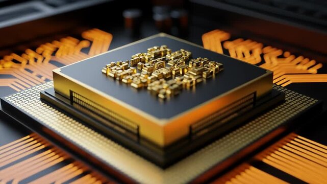 A close-up of a square computer chip with gold pins on a circuit board