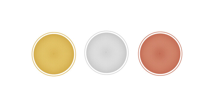 Award golden, silver and bronze blank medals 3d vector realistic illustration. First, second and third place medals or buttons isolated on white background. Vector Illustration