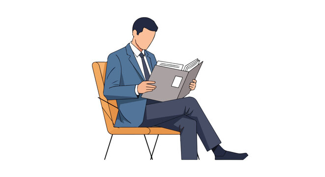 A professional businessman in a sharp blue suit is sitting in a modern tan chair while intently reading a grey report or book.