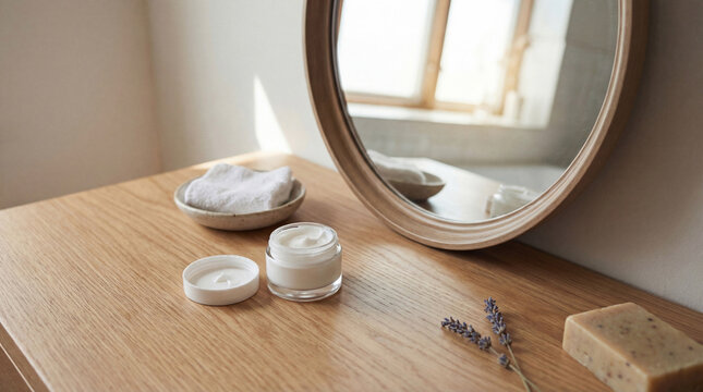 Serene bathroom scene featuring natural skincare essentials, an open jar of cream, artisanal soap.