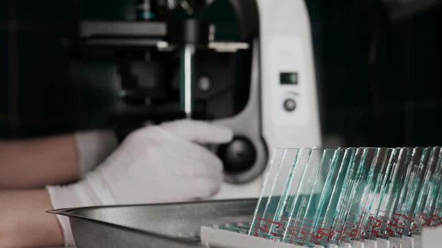 Close up of laboratory technician using microscope with glass slides for scientific research and diagnostic analysis in laboratory environment.