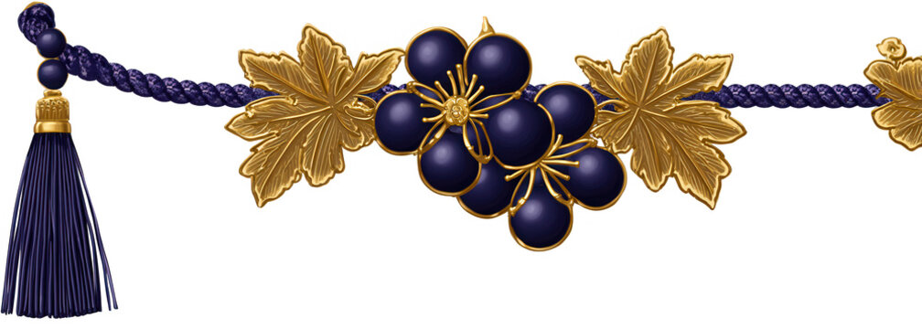 Uma elegante ilustra&ccedil;&atilde;o vetorial de uma corda tran&ccedil;ada azul marinho com borla, adornada com folhas de uva douradas e um cacho de uvas azuis, perfeita para design luxuoso.