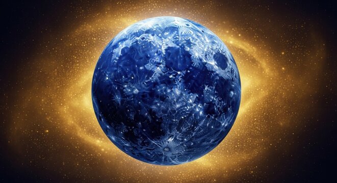 Vibrant Lapis Lazuli Full Moon Amidst a Golden Cosmic Nebula