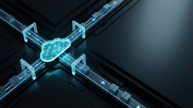 Governed cloud transition system with protected data routes and secure checkpoints in blue enterprise technology header with right copy space