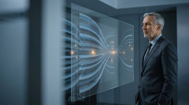 Senior business leader reviewing observability signal flow on transparent glass diagnostic surface in modern office with left copy space