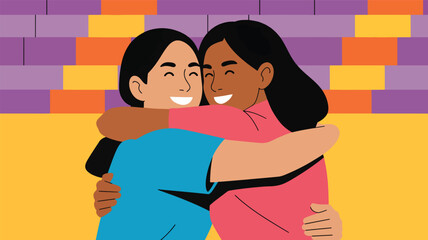 Obraz premium Two women hugging with smiles against a colorful brick wall background, embracing female friendship