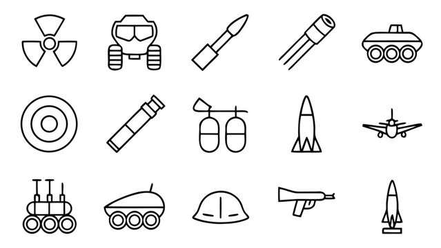 Sixty detailed white outline icons illustrating heavy military vehicles and combat equipment are organized in a grid on a black backdrop.