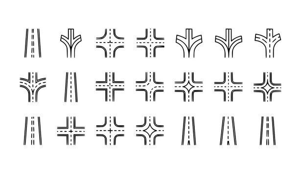 Road icons set with forks intersections and curved street paths editable stroke line vector collection for navigation and map design