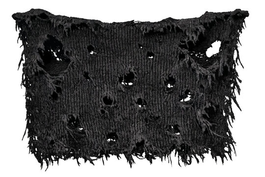 Dark distressed knitted fabric with holes and torn edges on a transparent background