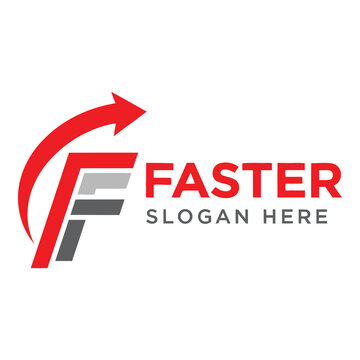 Red and gray faster slogan template with curved arrow logo on white background icon