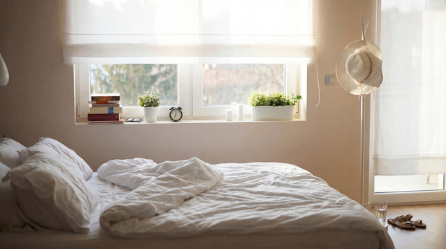 Photograph of a bright and spacious bedroom with an unmade bed, window, plants, and natural morning light.