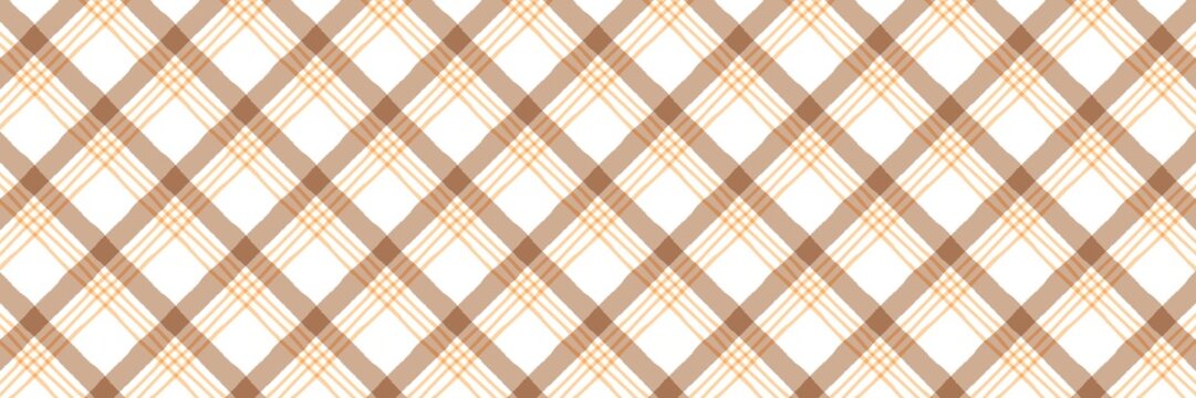Seamless diagonal plaid pattern with brown and orange lines on a white background. Classic checkered textile texture for wallpaper, fabric, or digital backdrop.