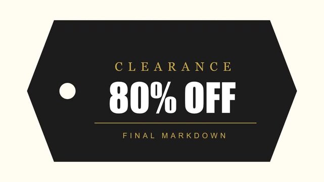 Clearance 80 percent off sale tag animation, final markdown retail promotion banner, black and gold discount label for e-commerce marketing and seasonal shopping events