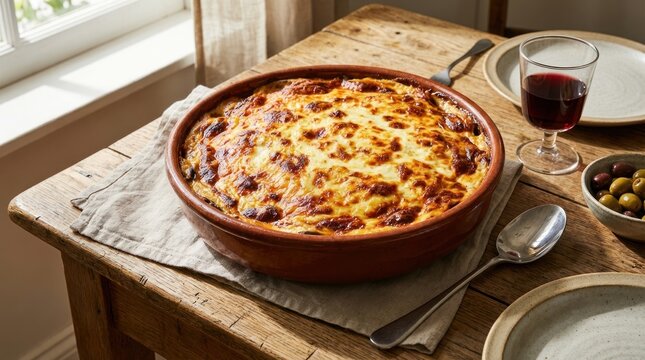 Golden brown moussaka on a rustic wooden table