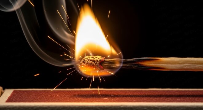 Matchstick flame burning on dark background.