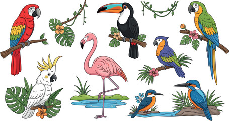 Obraz premium Tropical Birds and Exotic Wildlife Vector Set with Parrots, Flamingo, Toucan, Kingfisher, and Tropical Foliage for Nature, Wildlife, and Animal Design