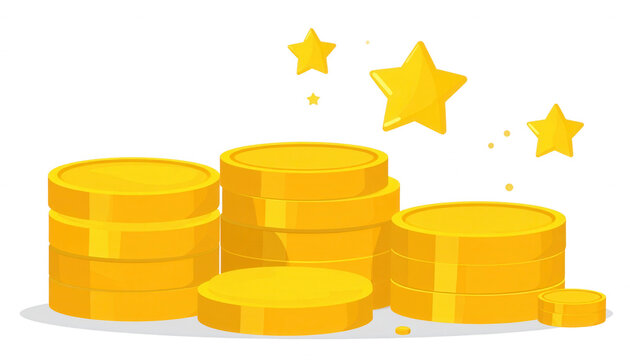 Ilustra&ccedil;&atilde;o vetorial de pilhas de moedas de ouro brilhantes com estrelas flutuantes, representando riqueza e sucesso financeiro.