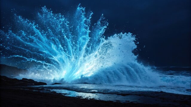 A powerful ocean wave crashes against a rocky shore, illuminated in vibrant blue hues under a dark, moody sky.