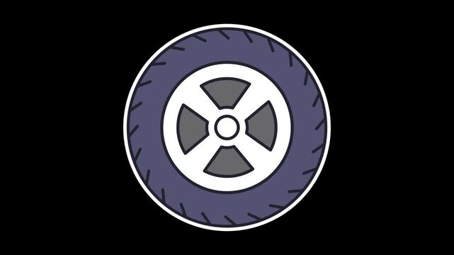 Realistic seamless looping animation of a spinning car tire wheel; automotive and transportation motion concept for vehicle themes on a transparent alpha channel background in 4k resolution