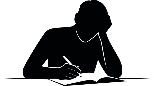 Focused student writing in notebook silhouette minimal black vector illustration for education study concentration homework and academic learning concept use