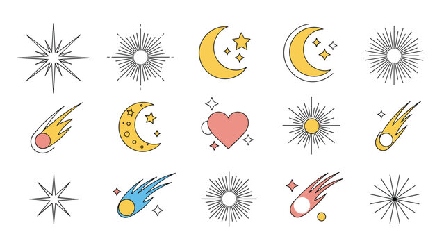Diverse set of celestial line art icons including suns and moons and comets and hearts and stars in pastel colors.