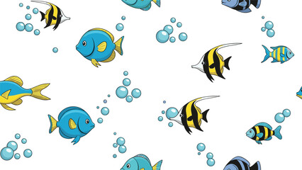 Fototapeta premium Colorful tropical fish and blue bubbles swimming in a seamless pattern against a crisp white background for children design.
