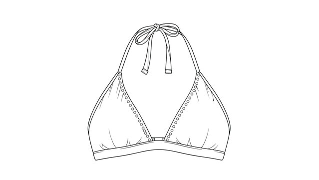 Technical line drawing showing the front view of a simple bikini top with a halter neck and a decorative tie at the center.